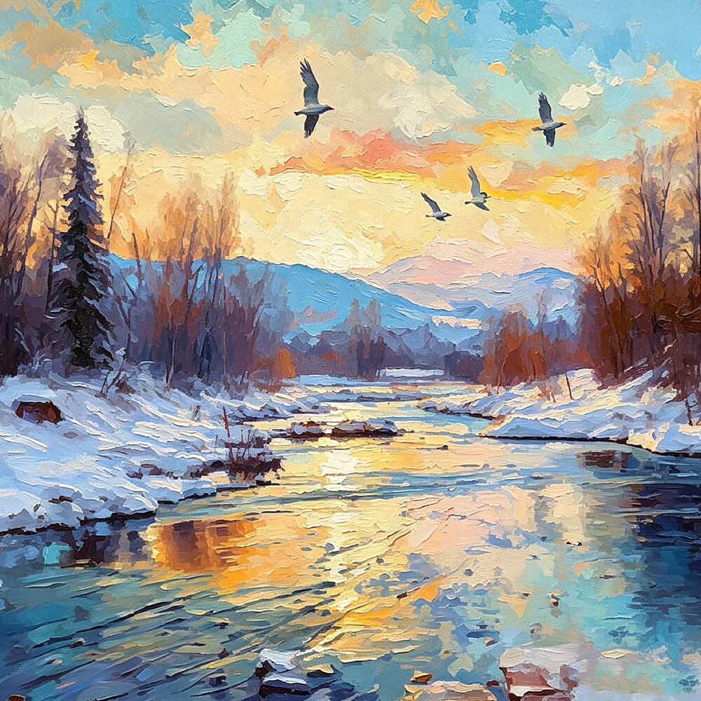 Impasto sunset over a snowy river cross stitch kit for beginners