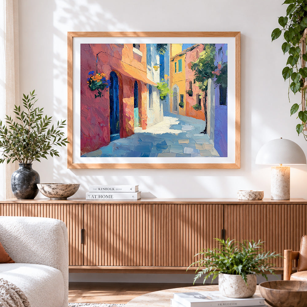 Finished impressionist architecture cross stitch artwork displayed