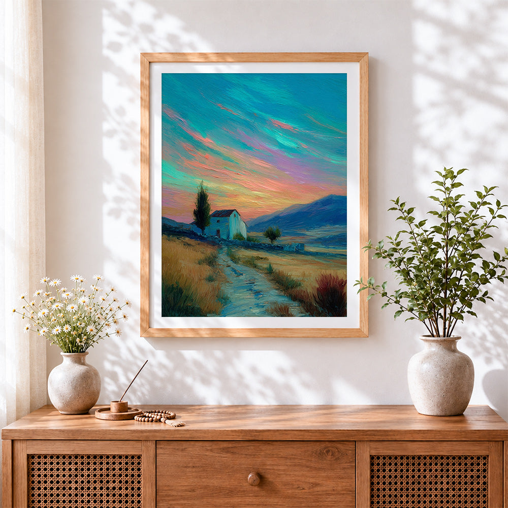 Finished impressionist country cottage at dusk cross stitch artwork displayed