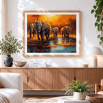 Finished impressionist elephant herd at waterhole cross stitch artwork displayed