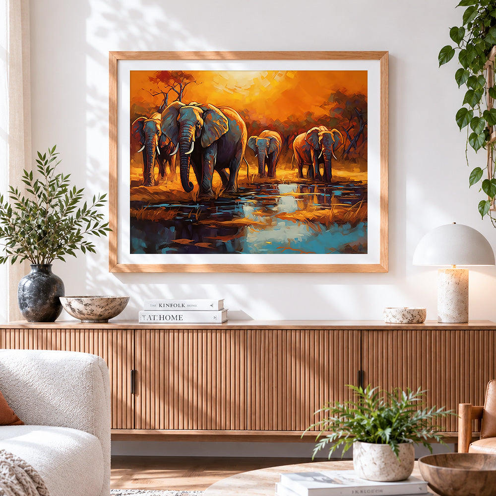 Finished impressionist elephant herd at waterhole cross stitch artwork displayed