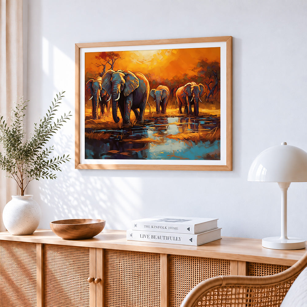 Impressionist elephant herd at waterhole cross stitch artwork displayed on wall as home decor