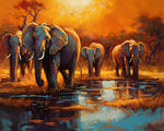 Impressionist elephant herd at waterhole paint by numbers kit for beginners