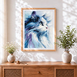 Finished impressionist fluffy cat portrait cross stitch artwork displayed