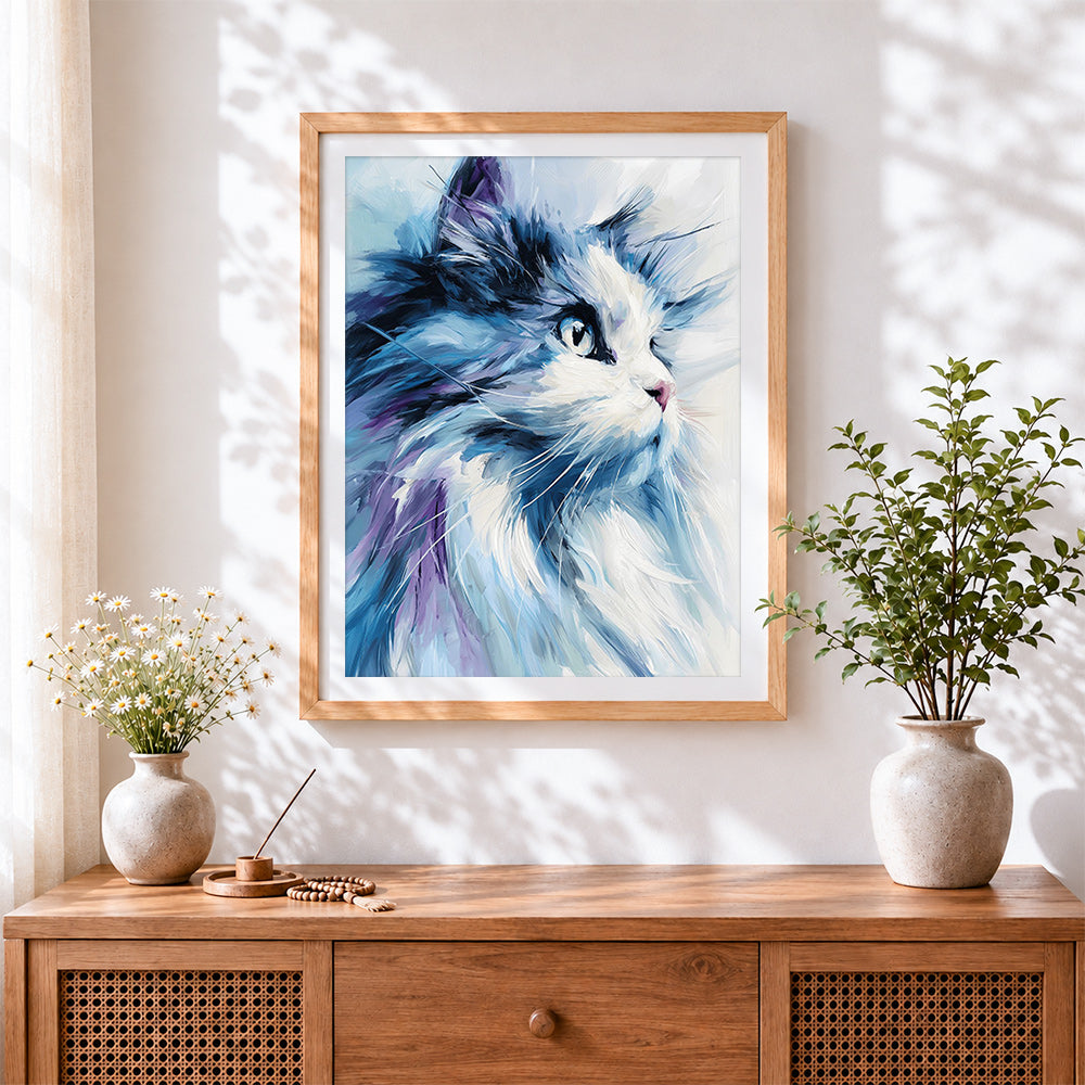 Finished impressionist fluffy cat portrait cross stitch artwork displayed