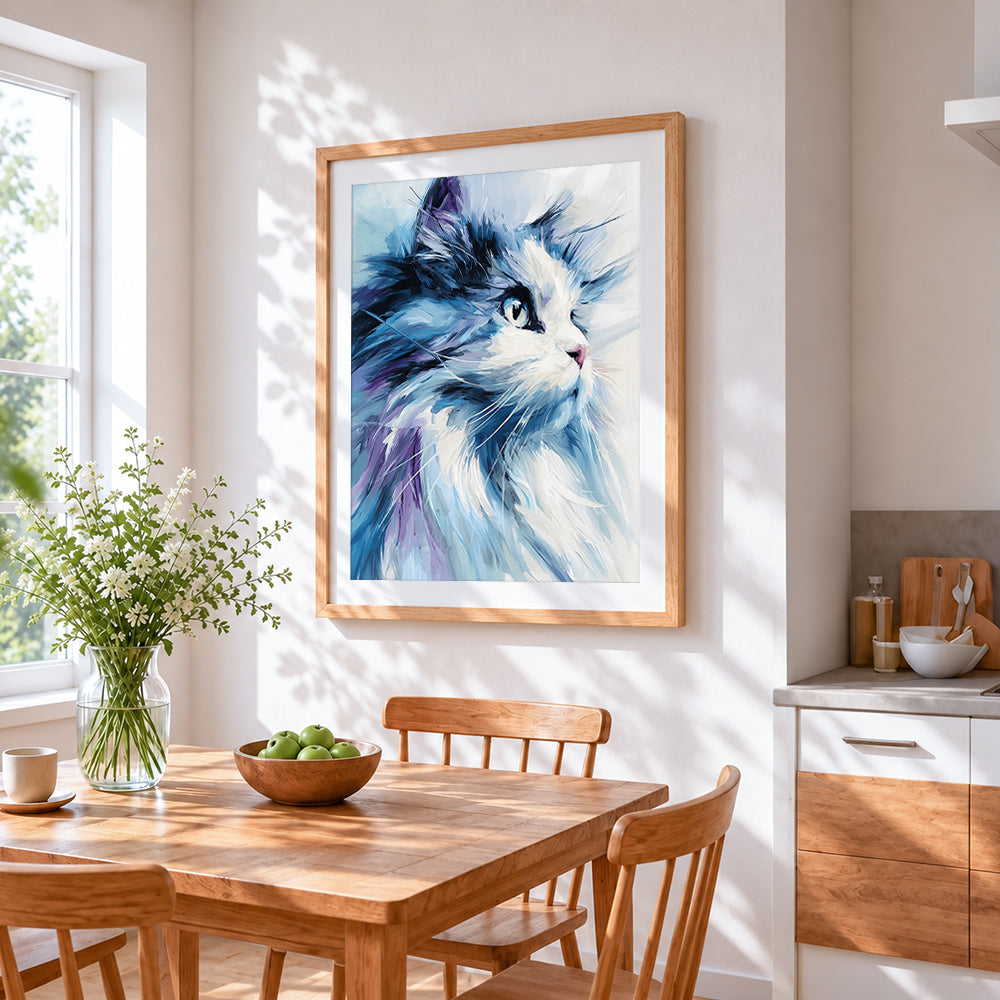 Impressionist fluffy cat portrait cross stitch artwork displayed on wall as home decor