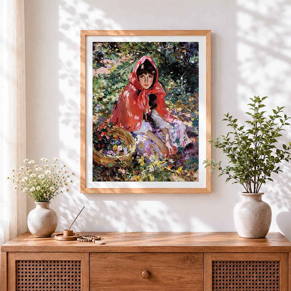 Finished impressionist girl in red hood with flowers cross stitch artwork displayed