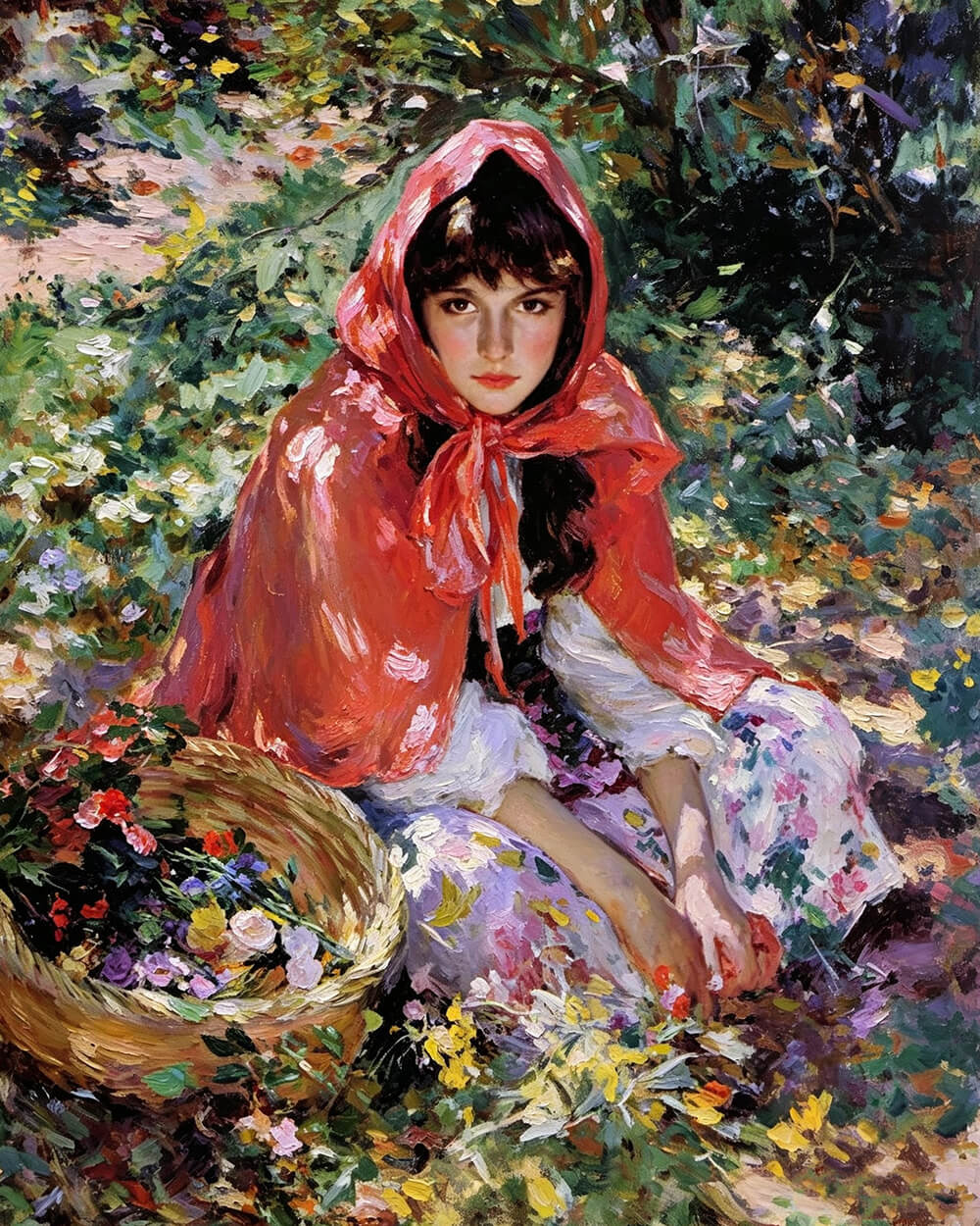 Impressionist girl in red hood with flowers cross stitch kit for beginners