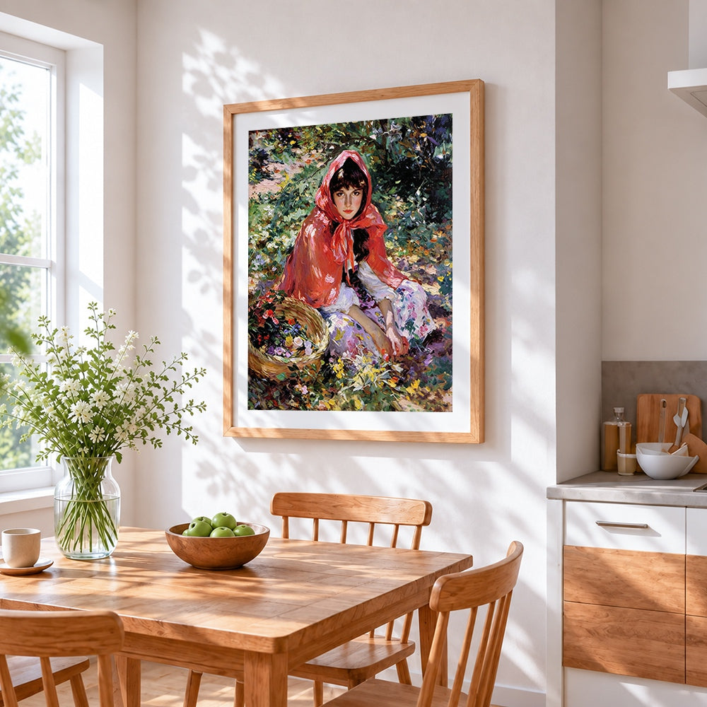 Impressionist girl in red hood with flowers cross stitch artwork displayed on wall as home decor