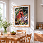 Impressionist girl in red hood with flowers cross stitch artwork displayed on wall as home decor