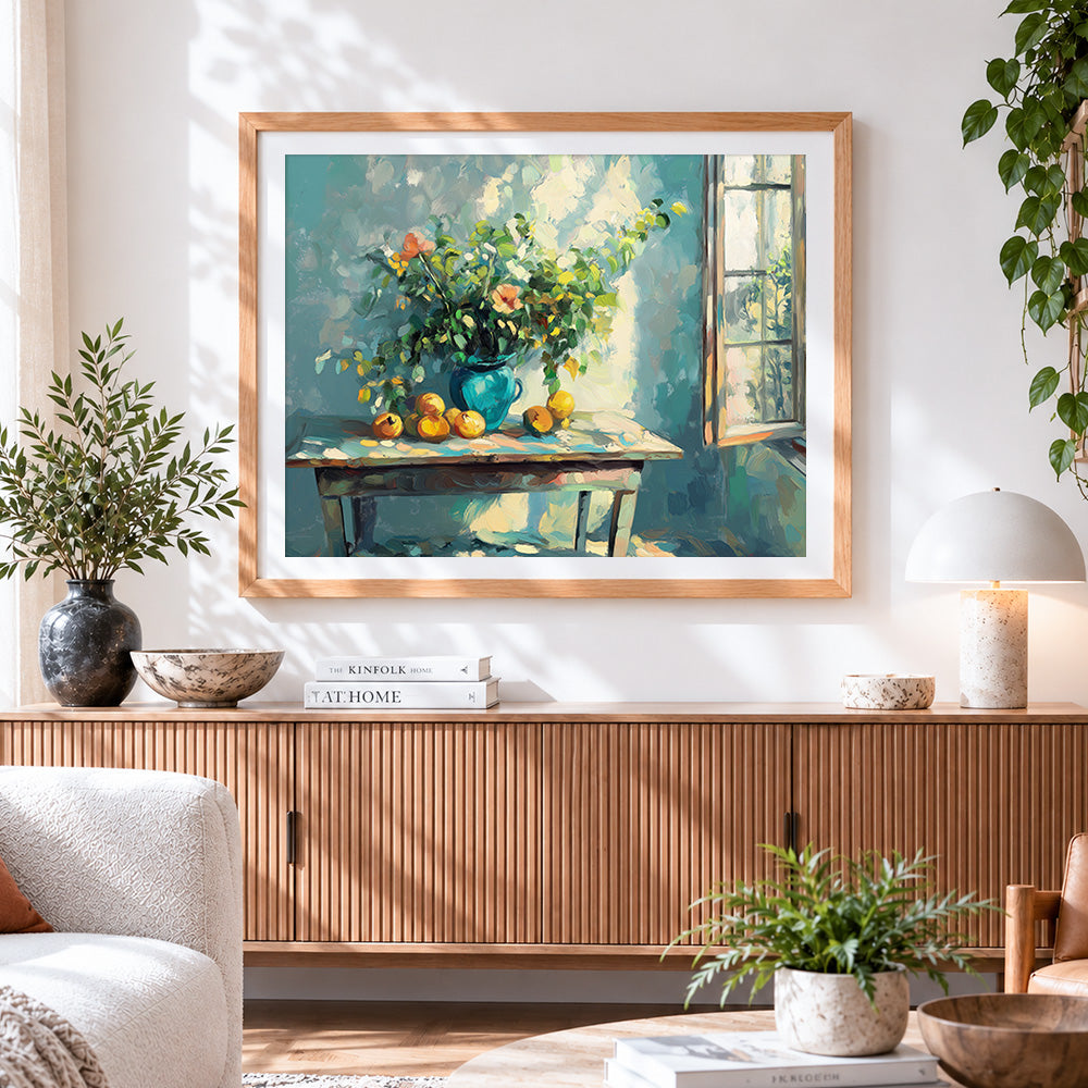 Finished impressionist vase and oranges by the window paint by numbers artwork displayed as home decor