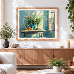 Finished impressionist vase and oranges by the window paint by numbers artwork displayed as home decor