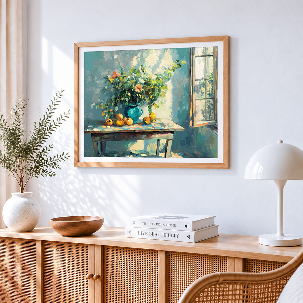 Impressionist vase and oranges by the window paint by numbers artwork displayed on wall as home decor