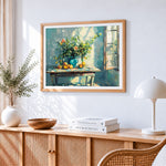 Impressionist vase and oranges by the window paint by numbers artwork displayed on wall as home decor