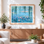Finished impressionist water lily pond and willow paint by numbers artwork displayed as home decor