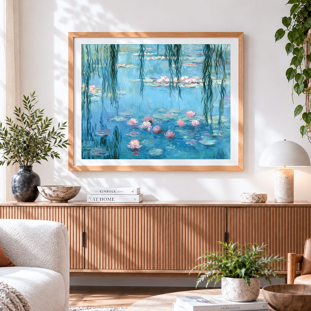 Finished impressionist water lily pond and willow paint by numbers artwork displayed as home decor