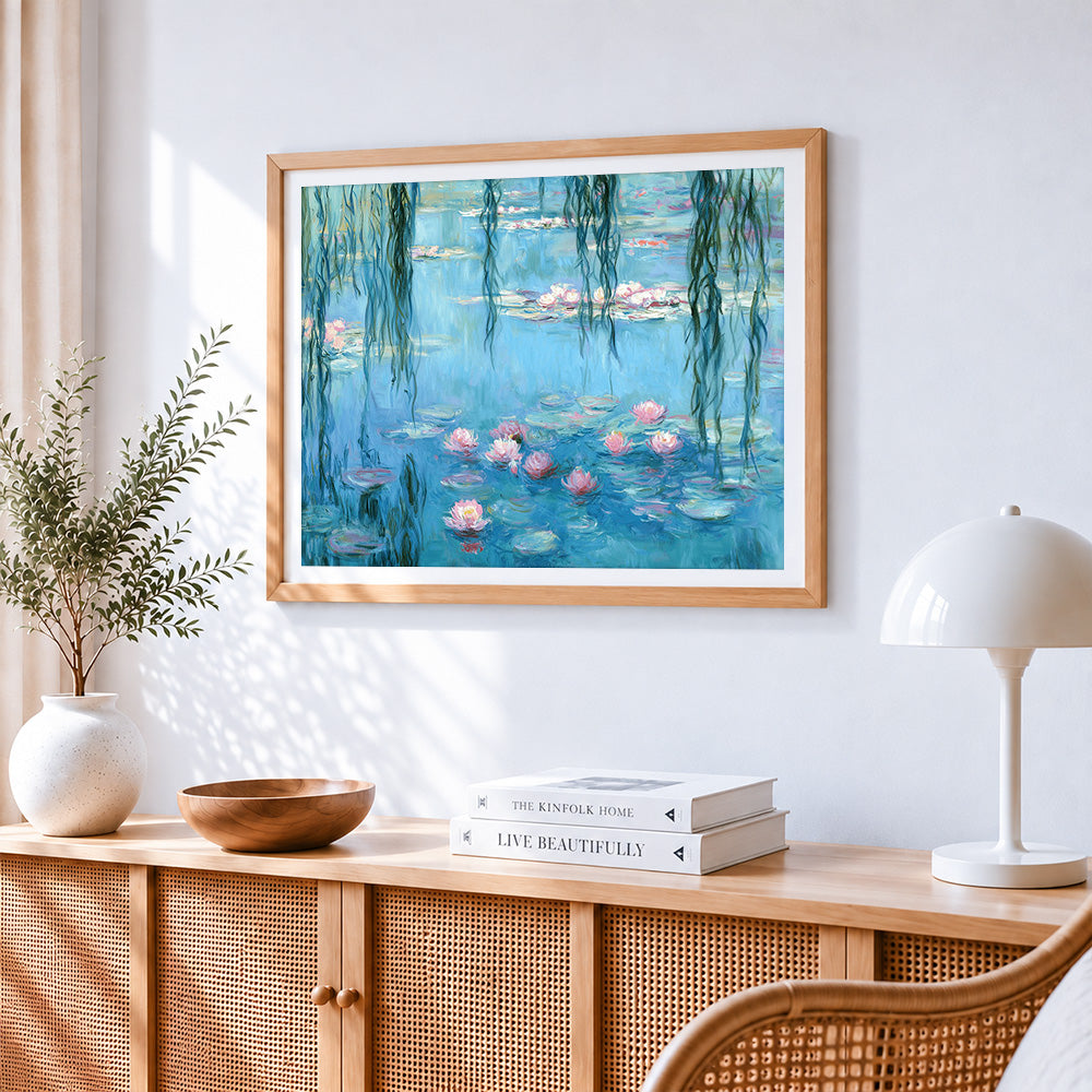Impressionist water lily pond and willow paint by numbers artwork displayed on wall as home decor