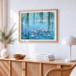 Impressionist water lily pond and willow paint by numbers artwork displayed on wall as home decor