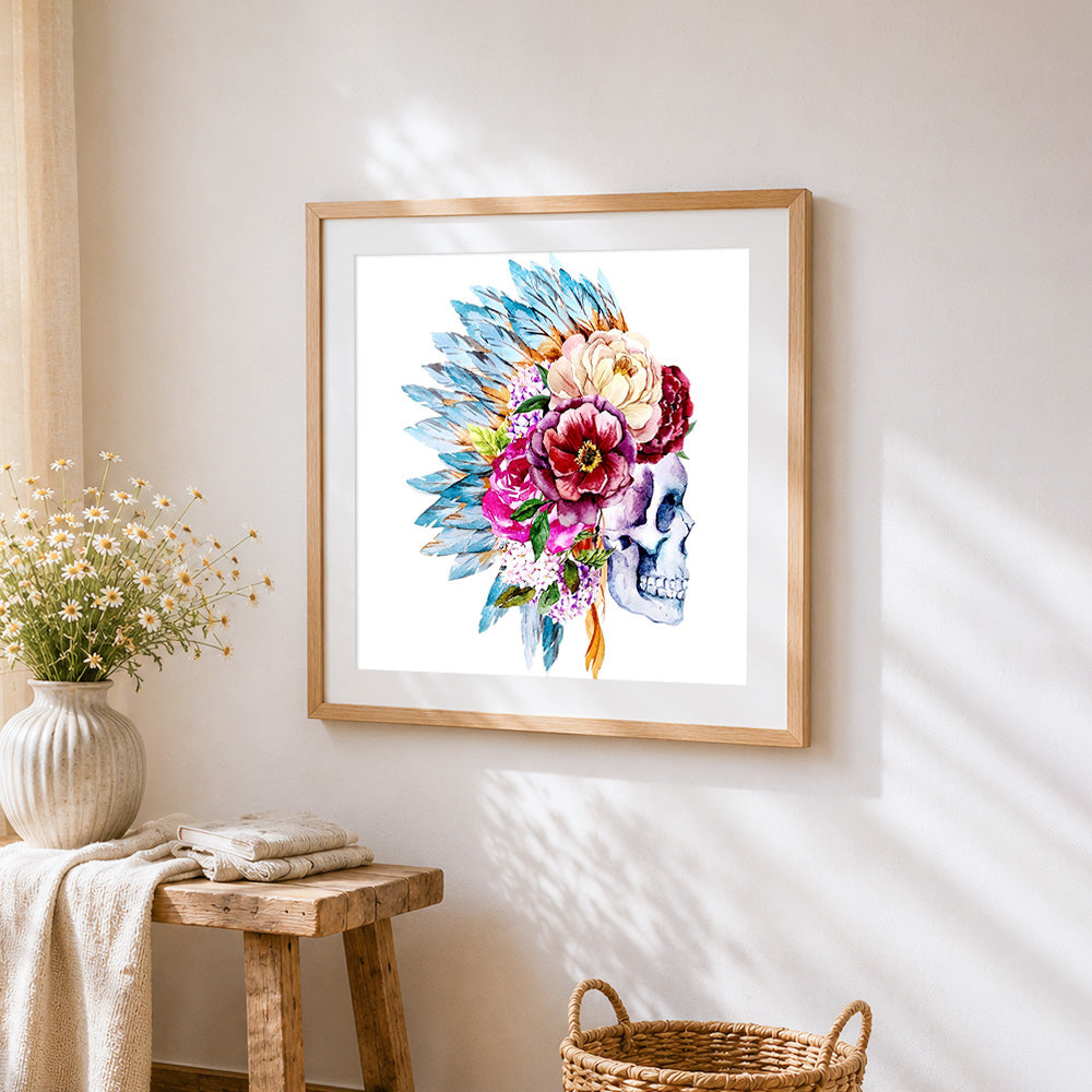 Indian feather and flower skull cross stitch artwork displayed on wall as home decor