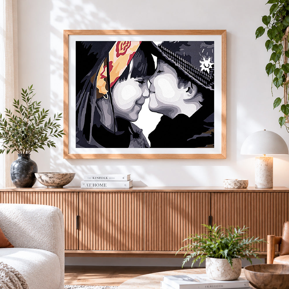 Finished innocent childhood kiss paint by numbers artwork displayed as home decor