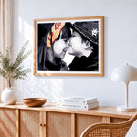 Innocent childhood kiss paint by numbers artwork displayed on wall as home decor