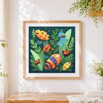 Finished insects on leaves cross stitch artwork displayed