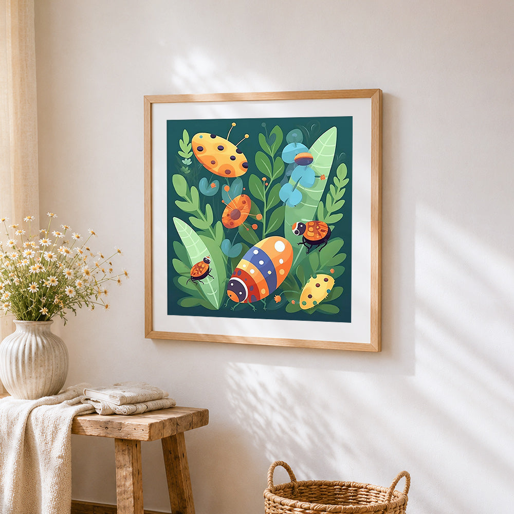 Insects on leaves cross stitch artwork displayed on wall as home decor