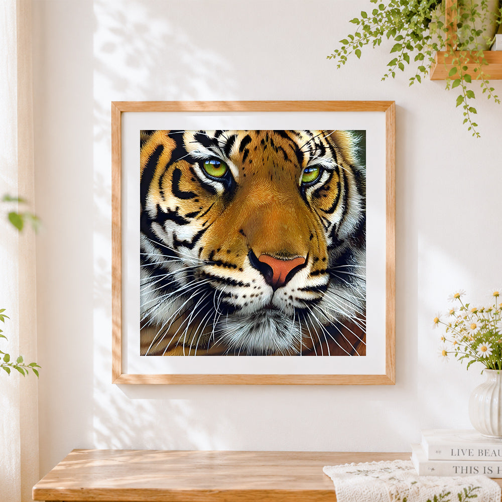 Finished intense bengal tiger face close-up cross stitch artwork displayed
