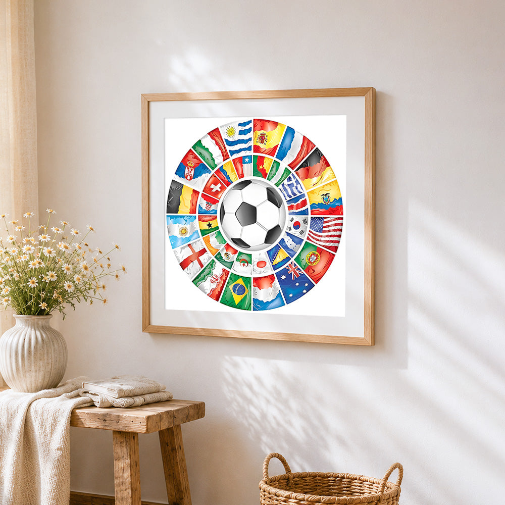 International flags football collage cross stitch artwork displayed on wall as home decor