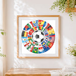 Finished international flags football collage paint by numbers artwork displayed as home decor