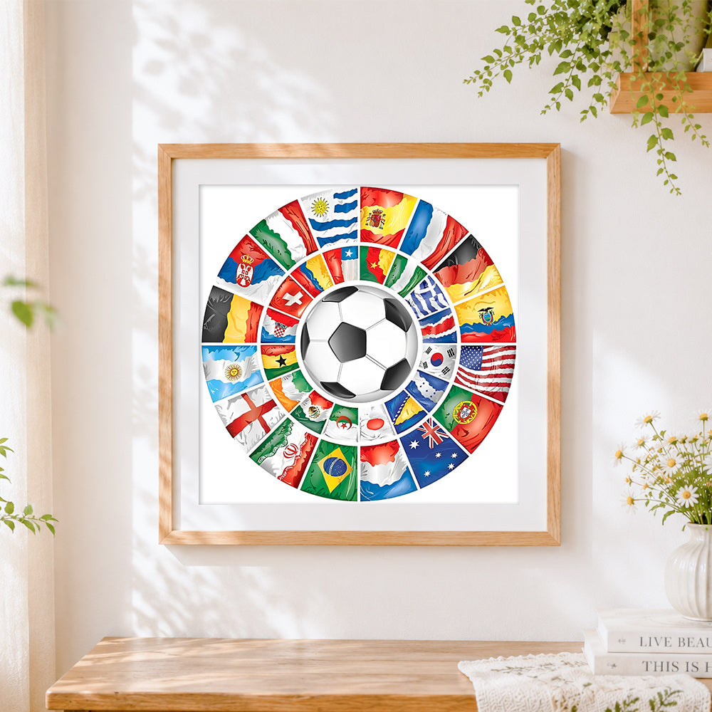 Finished international flags football collage paint by numbers artwork displayed as home decor