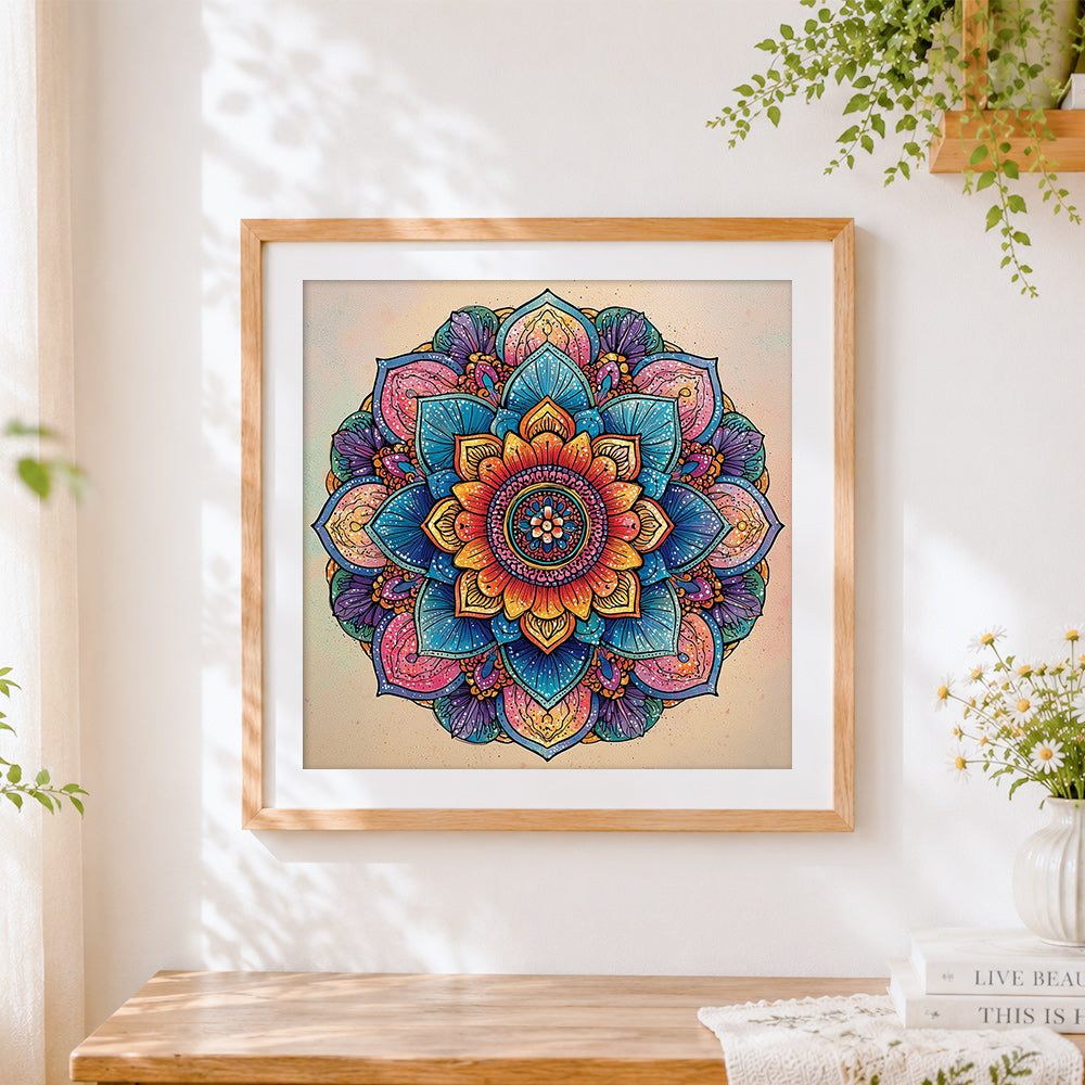 Finished intricate boho mandala cross stitch artwork displayed