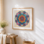 Intricate boho mandala cross stitch artwork displayed on wall as home decor