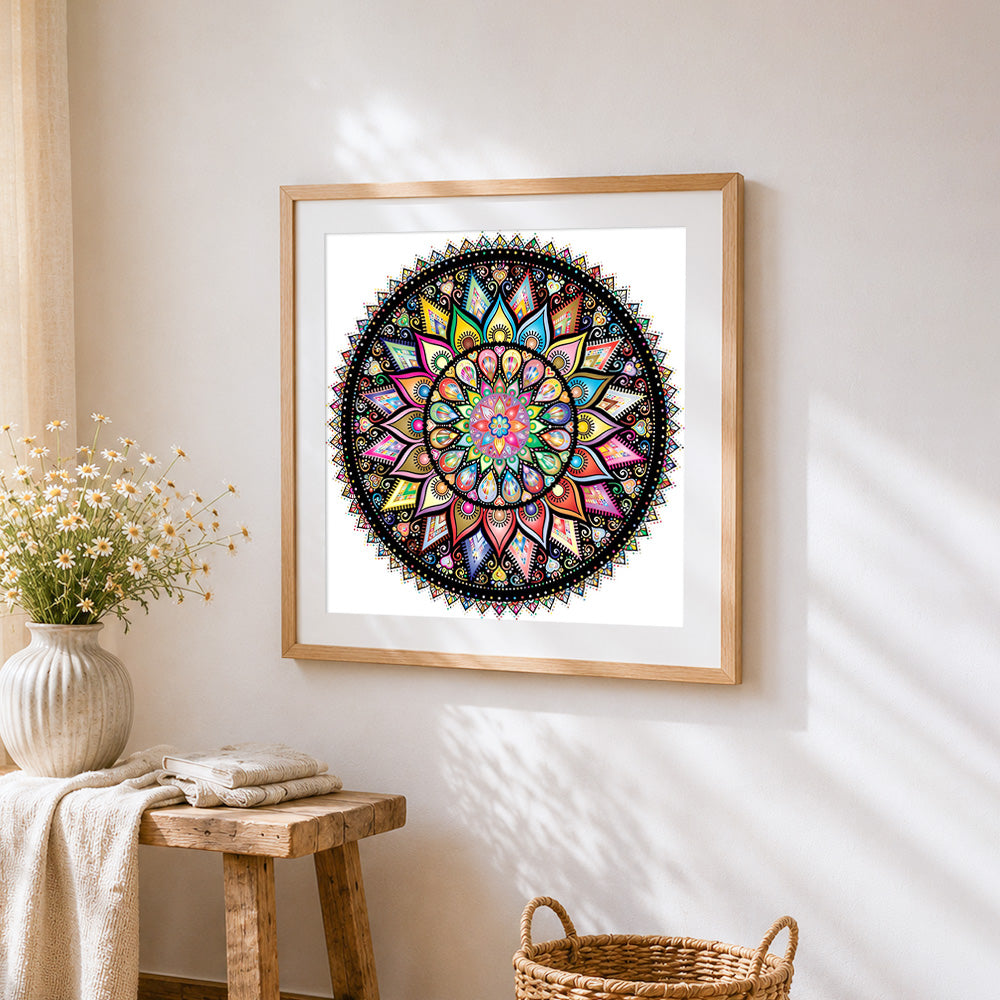 Intricate colourful mandala cross stitch artwork displayed on wall as home decor