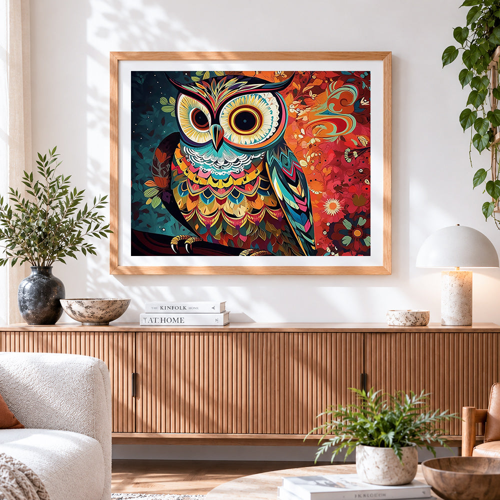 Finished intricate colourful owl cross stitch artwork displayed