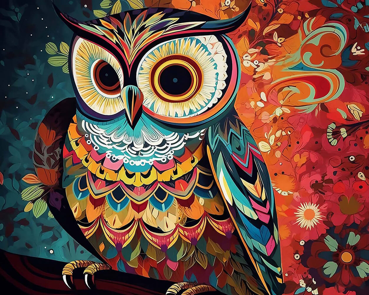 Intricate colourful owl cross stitch kit for beginners