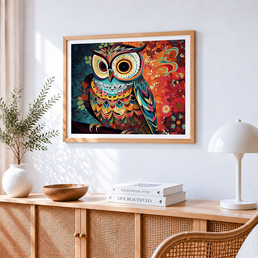 Intricate colourful owl cross stitch artwork displayed on wall as home decor