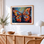 Intricate floral butterfly cross stitch artwork displayed on wall as home decor