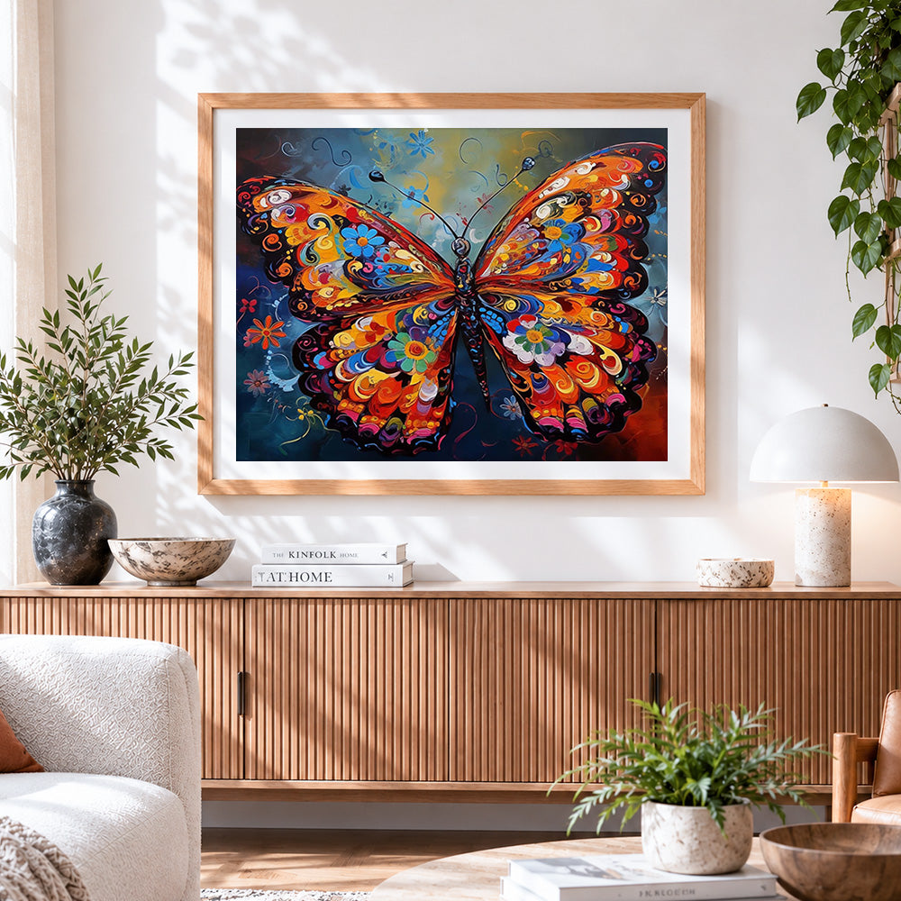 Finished intricate floral butterfly paint by numbers artwork displayed as home decor