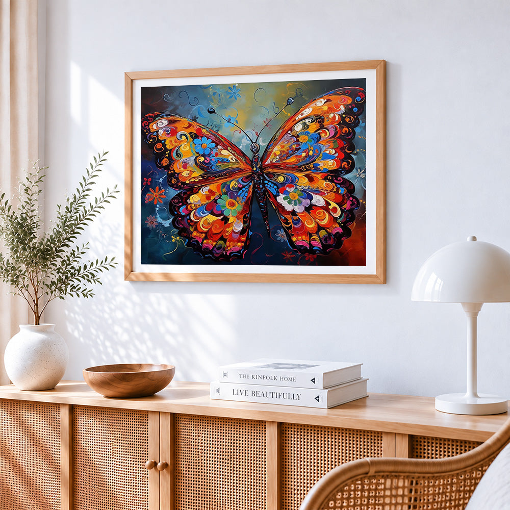 Intricate floral butterfly paint by numbers artwork displayed on wall as home decor