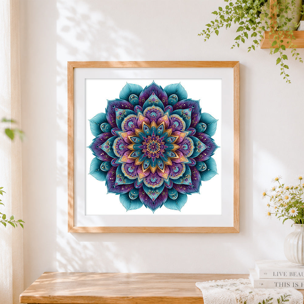 Finished intricate peacock blue mandala cross stitch artwork displayed
