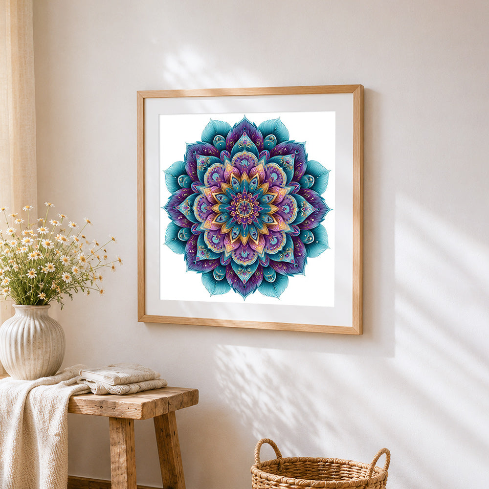 Intricate peacock blue mandala cross stitch artwork displayed on wall as home decor