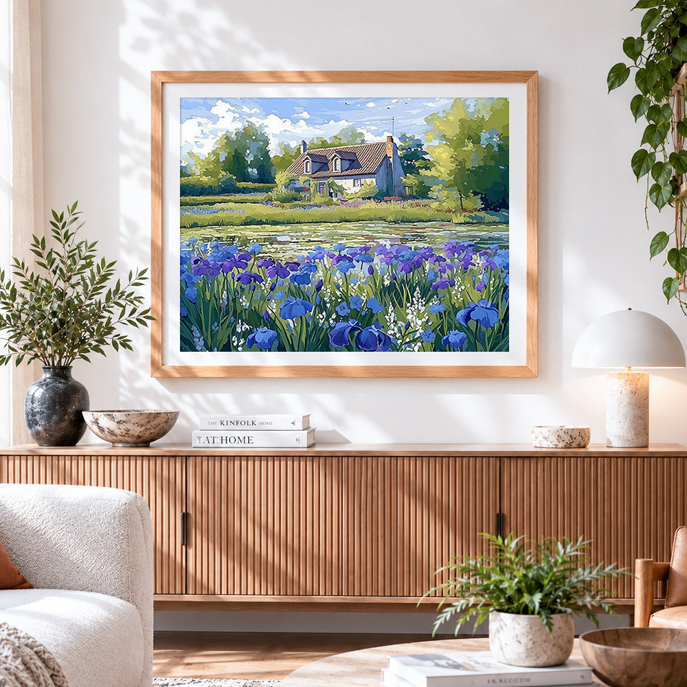 Finished daisy and poppy flower path cross stitch artwork displayed