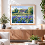 Finished daisy and poppy flower path cross stitch artwork displayed