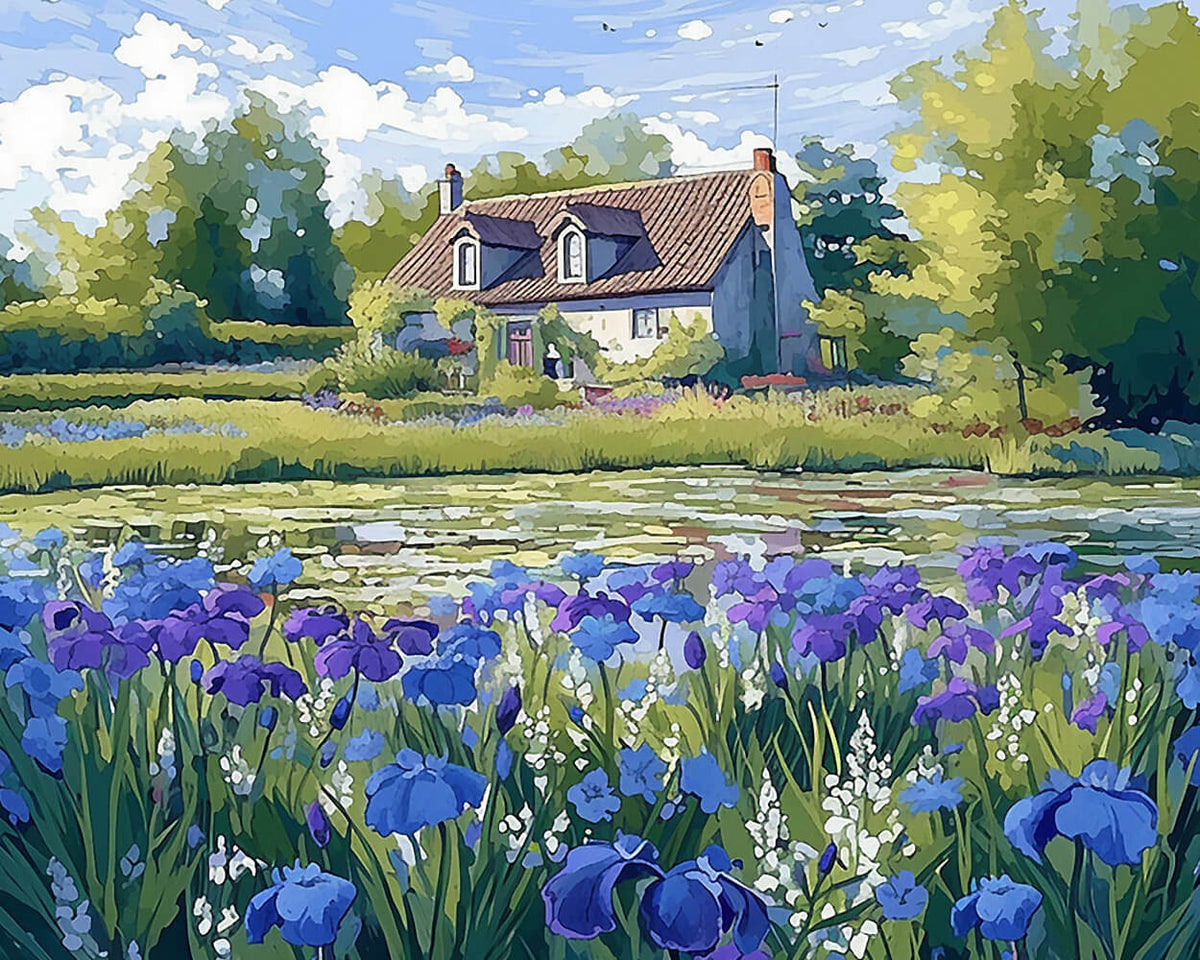 Iris flowers and country cottage cross stitch kit for beginners