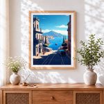 Finished italian coastal town and harbour view cross stitch artwork displayed