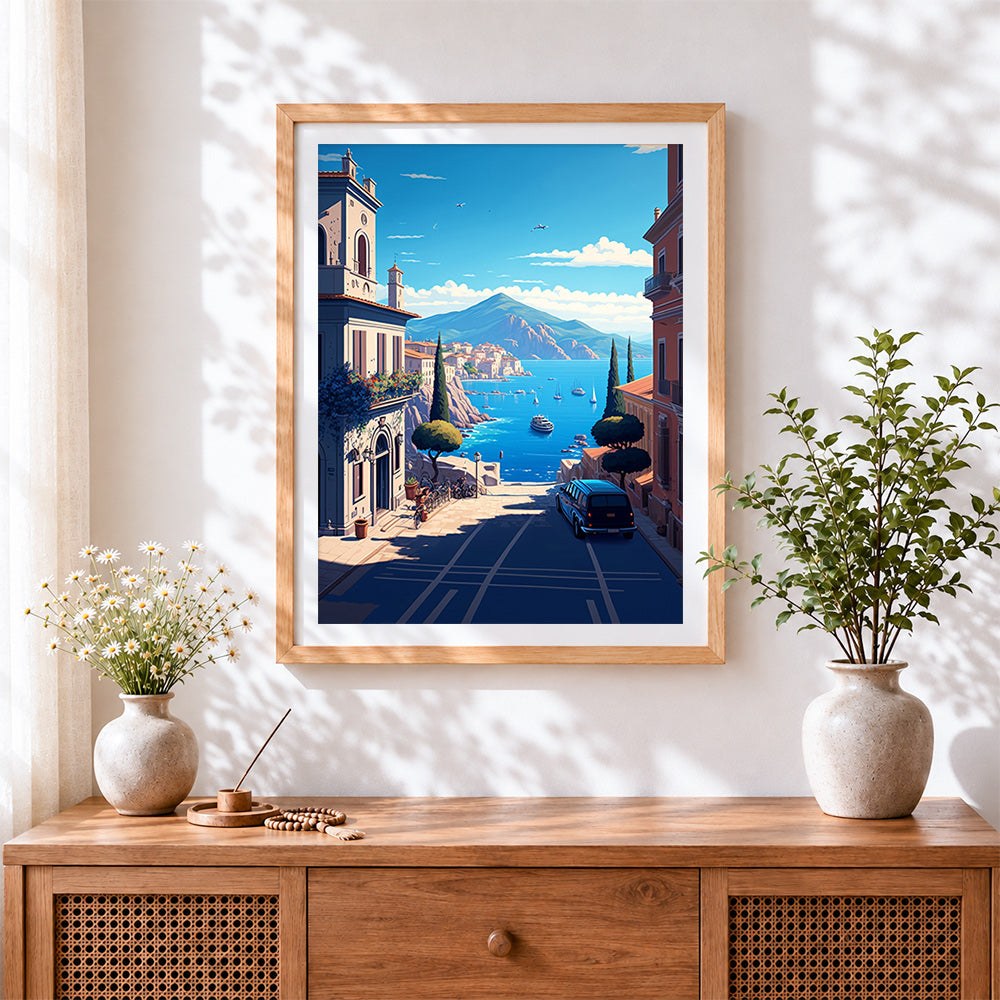 Finished italian coastal town and harbour view cross stitch artwork displayed