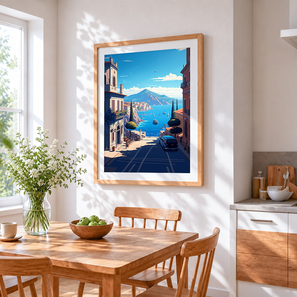 Italian coastal town and harbour view cross stitch artwork displayed on wall as home decor