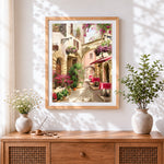 Finished italian flower alley cross stitch artwork displayed