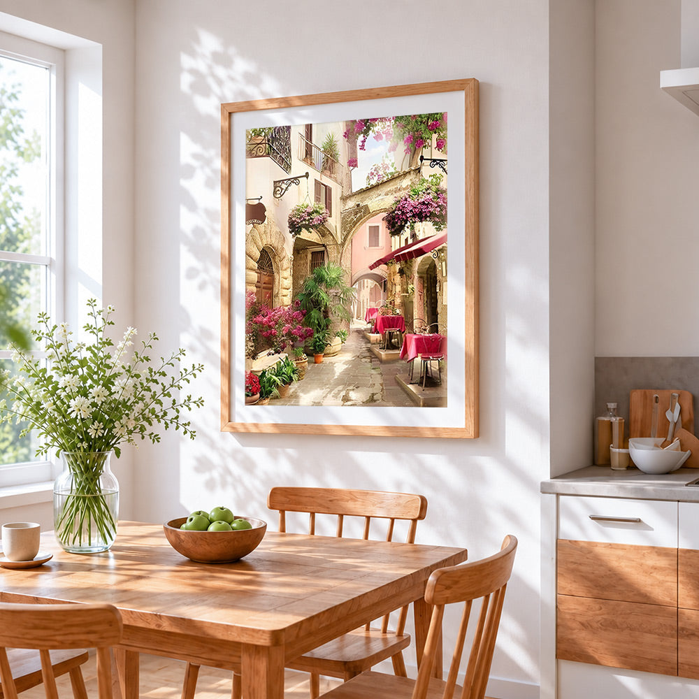 Italian flower alley cross stitch artwork displayed on wall as home decor